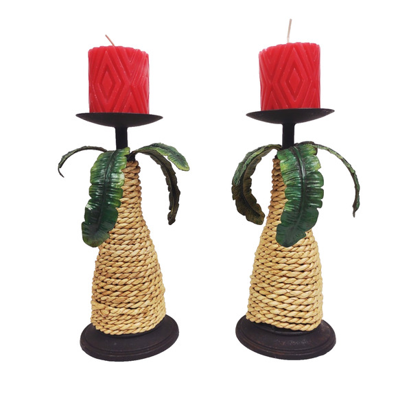 Pair of 2 Metal Sisal Rope Palm Tree Tiki Aloha Candleholder Pillar Candle Stand - Picture 1 of 9